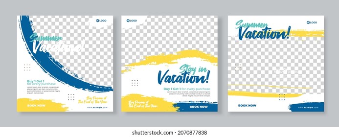 Set of three grunge background of travel summer vacation promotion banner social media pack template premium vector