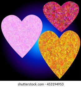 Set of three grunge hearts on luminous background