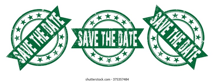 set of three grunge rubber stamps with text "save the date" on white, vector illustration
