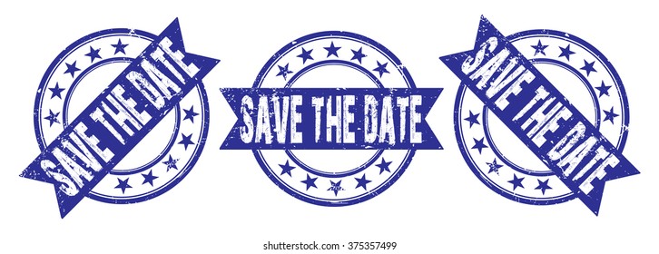 set of three grunge rubber stamps with text "save the date" on white, vector illustration