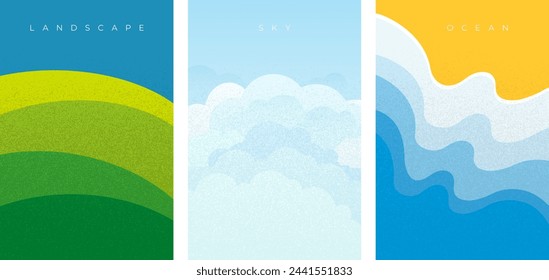 Set of three grungy textured backgrounds with landscape, sky and ocean design - vector illustration