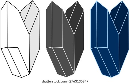 Set of three gypsum swallow-tail twin crystal icons with differentiated segments. Minimalist monoclinic contact twin vector models in grayscale, high-contrast dark, and blueprint styles. Professional mineralogical illustrations with distinct twinning zones. Isolated EPS vector.