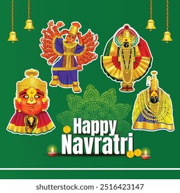 Set of Three and a half Shakti Peethas in maharastra. Goddess mahalaxmi, tuljabhavani, renuka, saptashrungi illustration for Happy Durga Puja offer, Discount, Sales Tags, Print, Banner, Web Banner