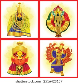 Conjunto de Três e meio Shakti Peethas em maharastra. Deusa mahalaxmi, tuljabhavani, renuka, saptashrungi ilustração para Happy Durga Puja oferta, Desconto, Etiquetas de vendas, Impressão, Banner, Banner Web
