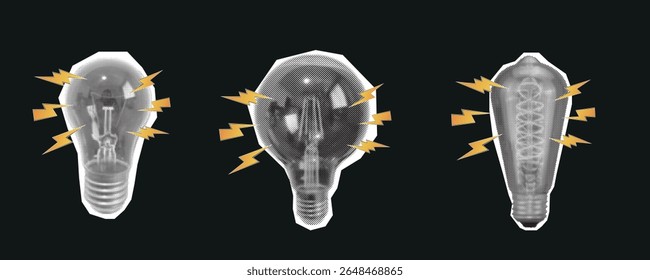 Conjunto de três ilustrações de recorte de meio-tom com lâmpadas incandescentes clássicas e estilo Edison. Design de colagem inspirado retro combinando textura de meio-tom com elementos gráficos arrojados