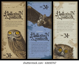 set of three halloween banners with different night animals