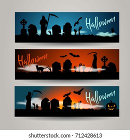 Set of three Halloween banners with hand lettering. Vector illustration.