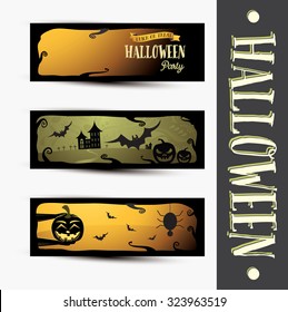 Set of three halloween banners. Halloween party vector illustration with pumpkin, spider and bat.