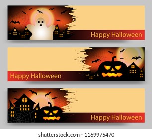 Set of three Halloween banners with pumpkin and ghost, bat and castle. Vector illustration.
