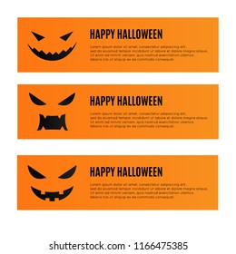 Set of Three Halloween Banners. Vector Illustration with Scary Face on Orange Background.