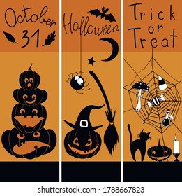 A set of three Halloween banners. Vector illustration with pumpkins, spider, cat and Halloween decorations.