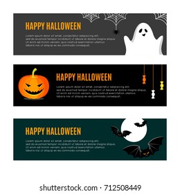 Set of Three Halloween Banners. Vector Illustration with pumpkin, spider, ghost and bat.