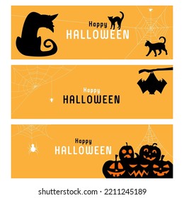 Set of three Halloween banners. Yellow background. Cat, bat, spider web and pumpkin. Happy holiday 