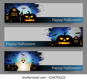 Set of three Halloween blue banners with pumpkin and ghost, bat and castle. Vector illustration.