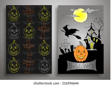 Set of three Halloween, Card and seamless pattern,Vector Illustration