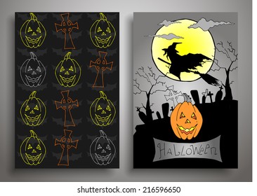 Set of three Halloween, Card and seamless pattern,Vector Illustration