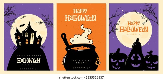 set of three Halloween cards, posters, banners, invitations, templates decorated with lettering quotes and cartoon elements. EPS 10