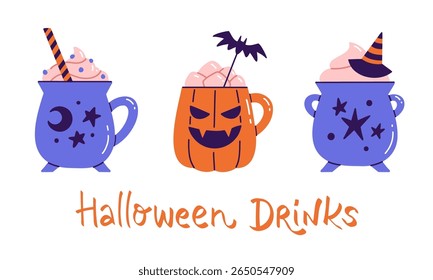 Set of three Halloween cocktail drinks in spooky mugs isolated on white background. Flat vector illustration of Witch's cauldron and Jack-o'-lantern cups for web banner, menu, or sticker design.