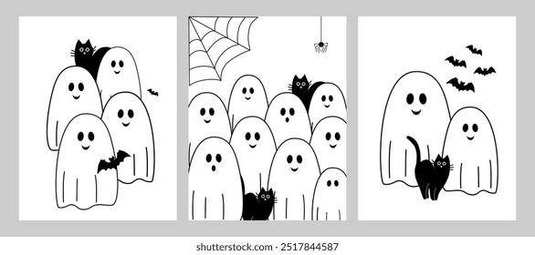 Conjunto de tres diseños de halloween con fantasmas y gatos. Ilustración vectorial.