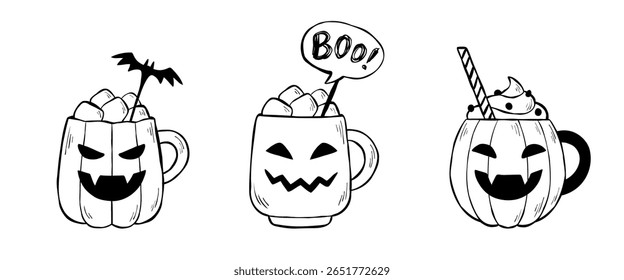 Conjunto de três bebidas de Halloween em estilo de esboço de tinta para web banner, livro de coloração, ou design de adesivo. Ilustração vetorial em contorno de canecas Jack-o'-lantern isoladas sobre fundo branco. Temporada assustadora.