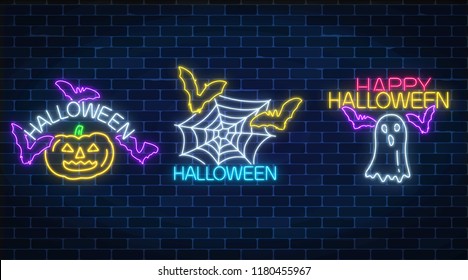 Set of three halloween illustrations in neon style. Glowing neon pumpkin, bats, chost silhouette and spyder web. Vector illustration. Bright halloween night scary sign in neon style