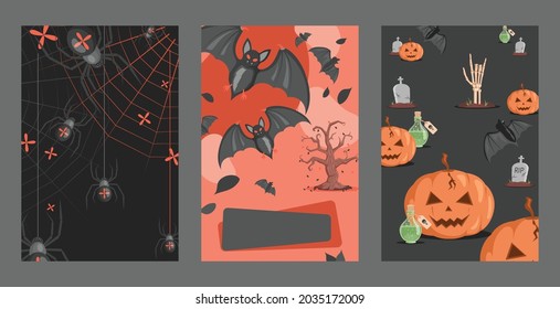 Set of three Halloween invitation cards design. Scary spiders on webs, bats, poisons, graves, and ugly pumpkins vector flat cartoon illustration. Trick or treat Halloween party poster concept.