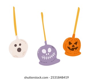 Set von drei Halloween Lollis mit gespenstischen Gesichtern Geist, Totenkopf und Bube oder Laterne in weiß, lila und orange mit gelben Stöcken. Vektorgrafik, flach, einzeln auf weißem Hintergrund