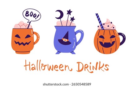 Set of three Halloween mocktail drinks for web banner, menu, or sticker design. Flat vector illustration of Witch's cauldron and Jack-o'-lantern mugs isolated on white background. Spooky season.