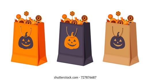 Set of three Halloween paper bags with candies. Vector illustration.