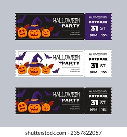 Set of three halloween party invitation ticket templates. Tickets design. Scary, spooky night party.