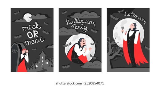 Conjunto de três cartazes de Halloween com um vampiro