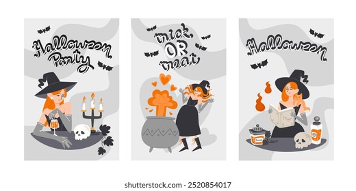 Set of Three Halloween Posters with Red Haired Witch