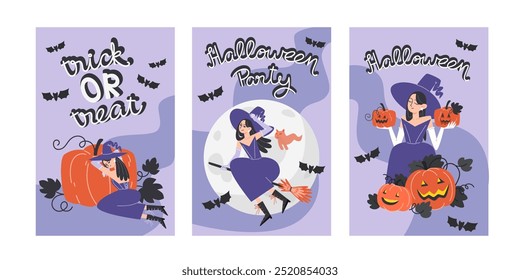 Set of Three Halloween Posters with Witch and Pumpkin Lanterns