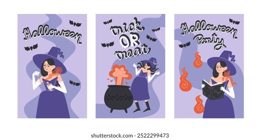 Set of Three Halloween Posters with Witch, Potions and Sorcery
