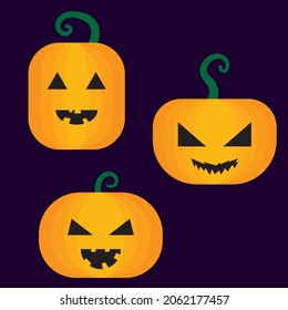 Set of three halloween pumpkin flat designs. They have spooky or scary faces, geometric details. Vector set illustration 