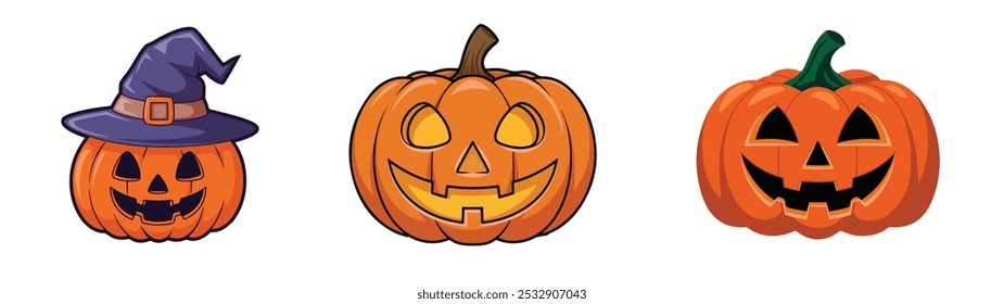 Set of three Halloween pumpkin, one with hat and two simple pumpkins 