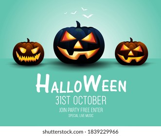 Set von drei Halloween Kürbis auf blauem Hintergrund, Halloween Kürbis und Text Halloween 31. Oktober, Halloween Banner Konzepte Design für Partys, Vektorgrafiken und Illustrationen.