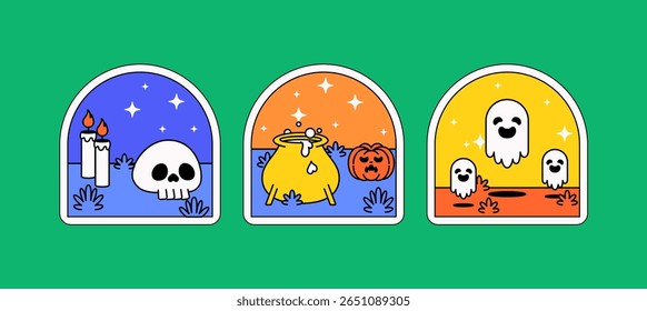 Conjunto de três cenas de janela temáticas de Halloween. Cada quadro em forma de arco contém diferentes elementos: um crânio com velas, caldeirão borbulhante e abóbora esculpida perfeita para, cartazes, adesivos vetor
