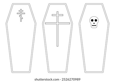 A set of three Halloween-themed coffins for coloring, featuring crosses and a skull. Perfect for kids spooky activities and Halloween fun.