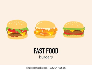 A set of three hamburgers with the words fast food on them