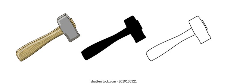 Conjunto de tres martillos en dibujos animados, contorno y silueta negra. Ilustración aislada en fondo blanco