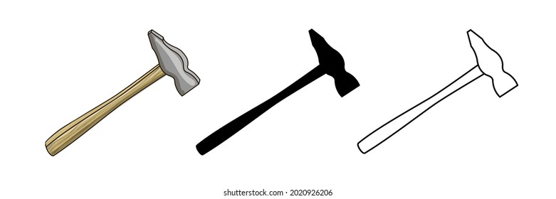 Set of three hammers in cartoon, outline and black silhouette. I illustration isolated on white background