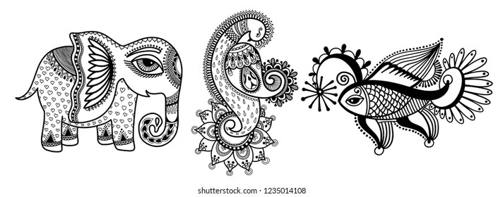 set of three hand drawing animals - elephant, peacock and fish, indian henna style, vector illustration collection