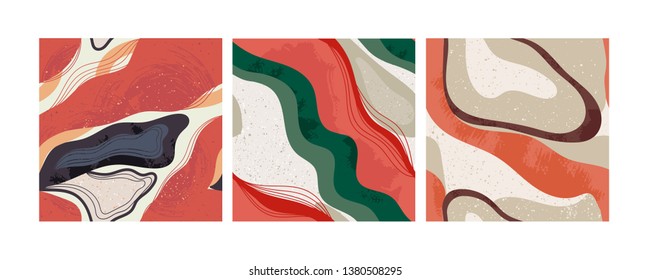 Set of three hand drawn abstract contemporary seamless patterns. Smooth lines. Stone texture. Modern trendy colorful illustration in vector. Marbleized effect. Every pattern is isolated