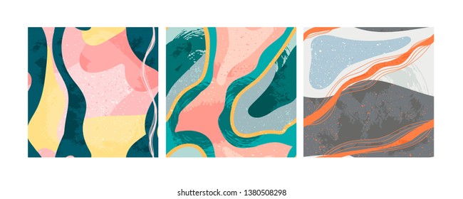 Set of three hand drawn abstract contemporary seamless patterns. Smooth lines. Stone texture. Modern trendy colorful illustration in vector. Marbleized effect. Every pattern is isolated