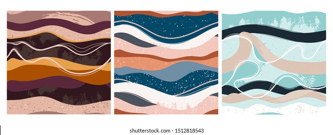 Set of three hand drawn abstract contemporary seamless patterns. Smooth lines. Stone texture. Modern trendy colorful illustration in vector. Marbleized effect. Every pattern is isolated