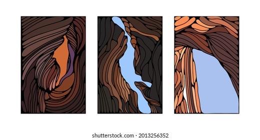 Conjunto de tres patrones abstractos contemporáneos abstractos a mano sin fisuras. Líneas suaves. Textura de piedra