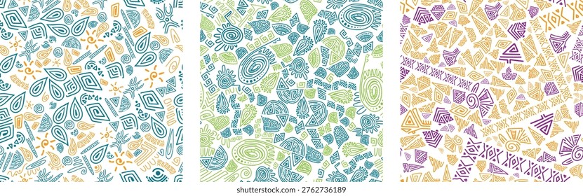 Set of three hand drawn abstract doodle seamless patterns with geometric elements. Modern decorative vector backgrounds suitable for textile, packaging, branding and surface design.