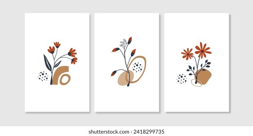 Set of three hand drawn aesthetic flowers wall art collection. Aesthetic floral wall print, wall decoration, wallpaper for home, and wall decor. 