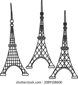 Set of three hand drawn black and white Eiffel Towers